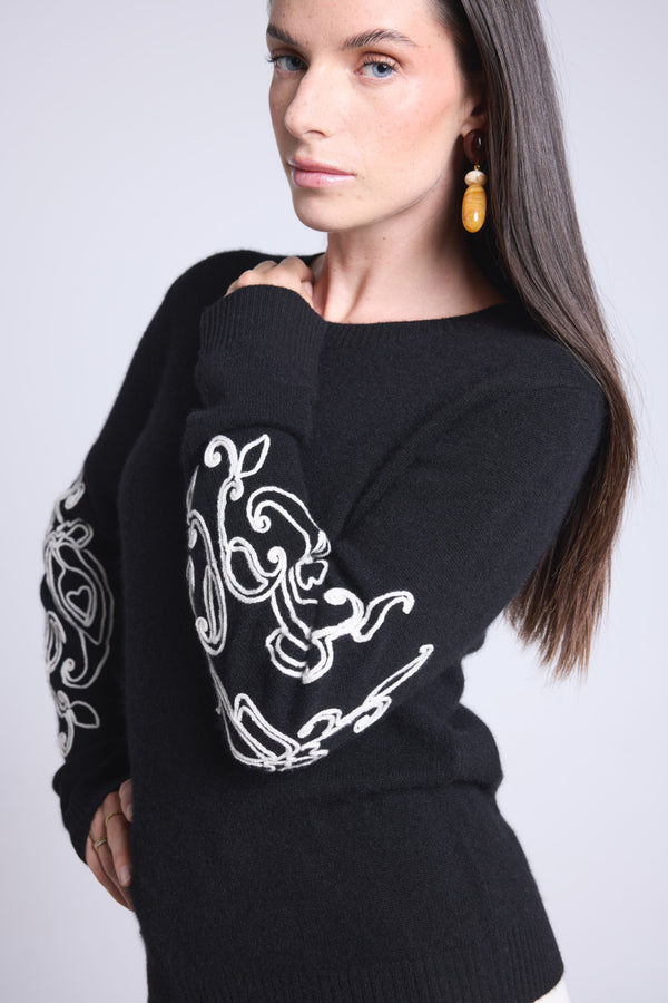 Pull Col Rond Broderie Manches Micha