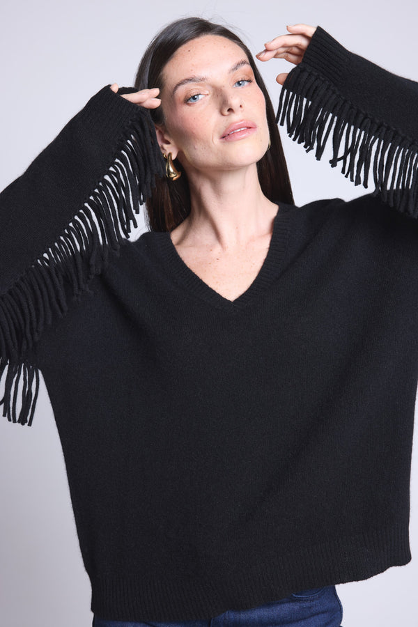 PULL COL V MANCHES FRANGES - LINA