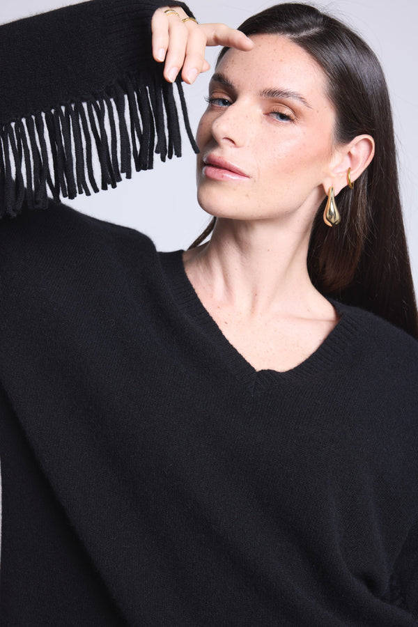 PULL COL V MANCHES FRANGES - LINA