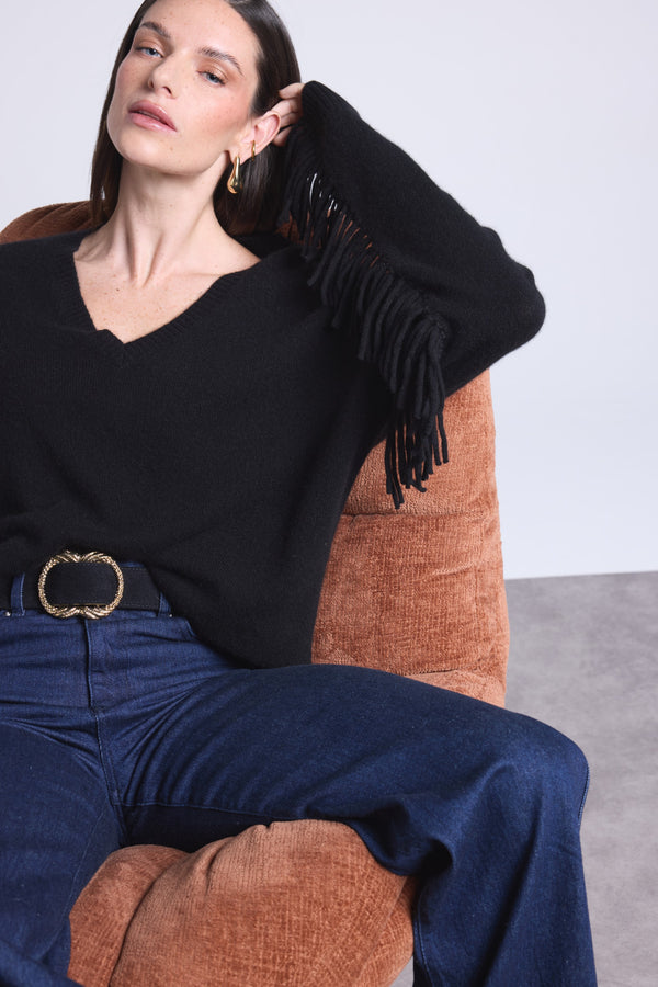 PULL COL V MANCHES FRANGES - LINA