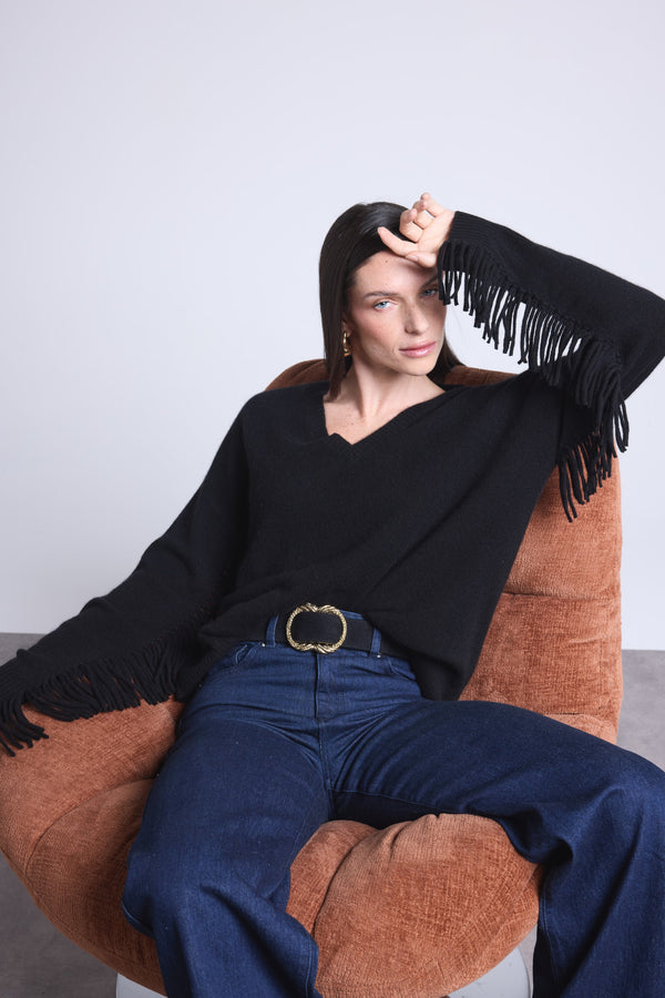 PULL COL V MANCHES FRANGES - LINA