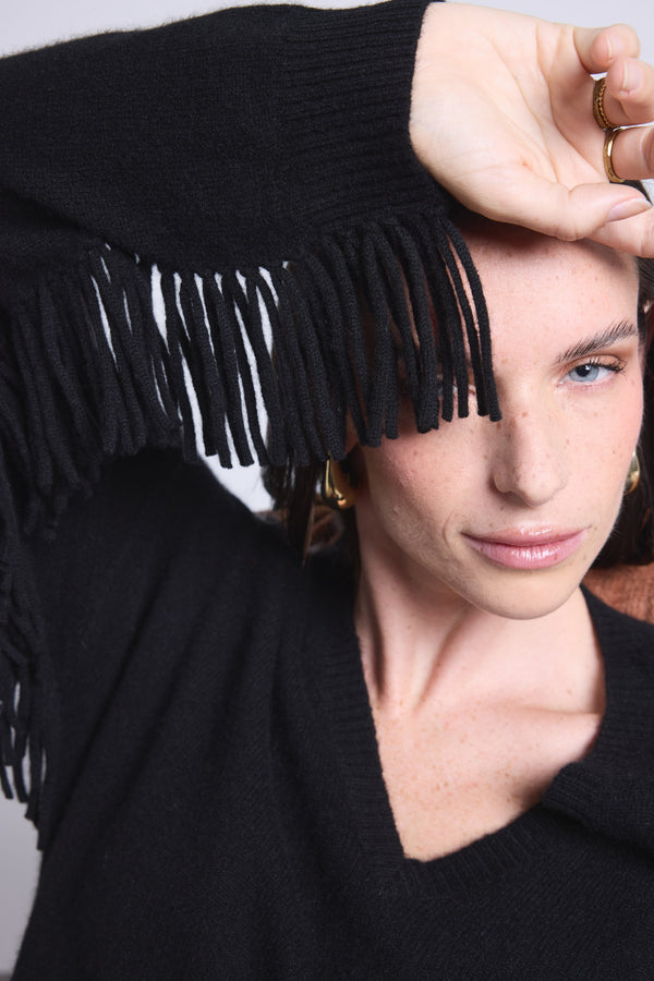 PULL COL V MANCHES FRANGES - LINA