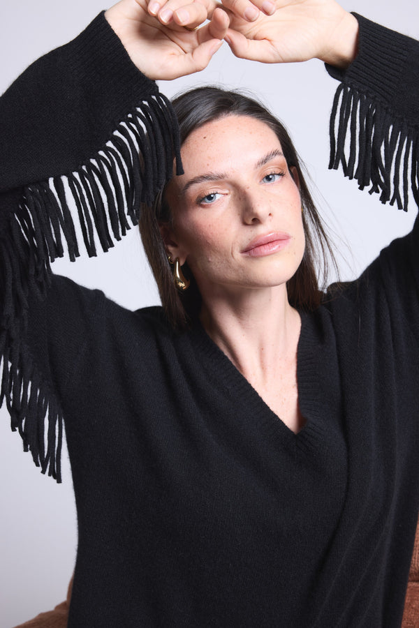 PULL COL V MANCHES FRANGES - LINA