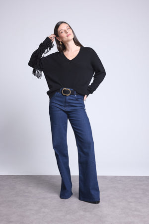 PULL COL V MANCHES FRANGES - LINA