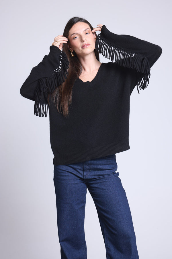PULL COL V MANCHES FRANGES - LINA